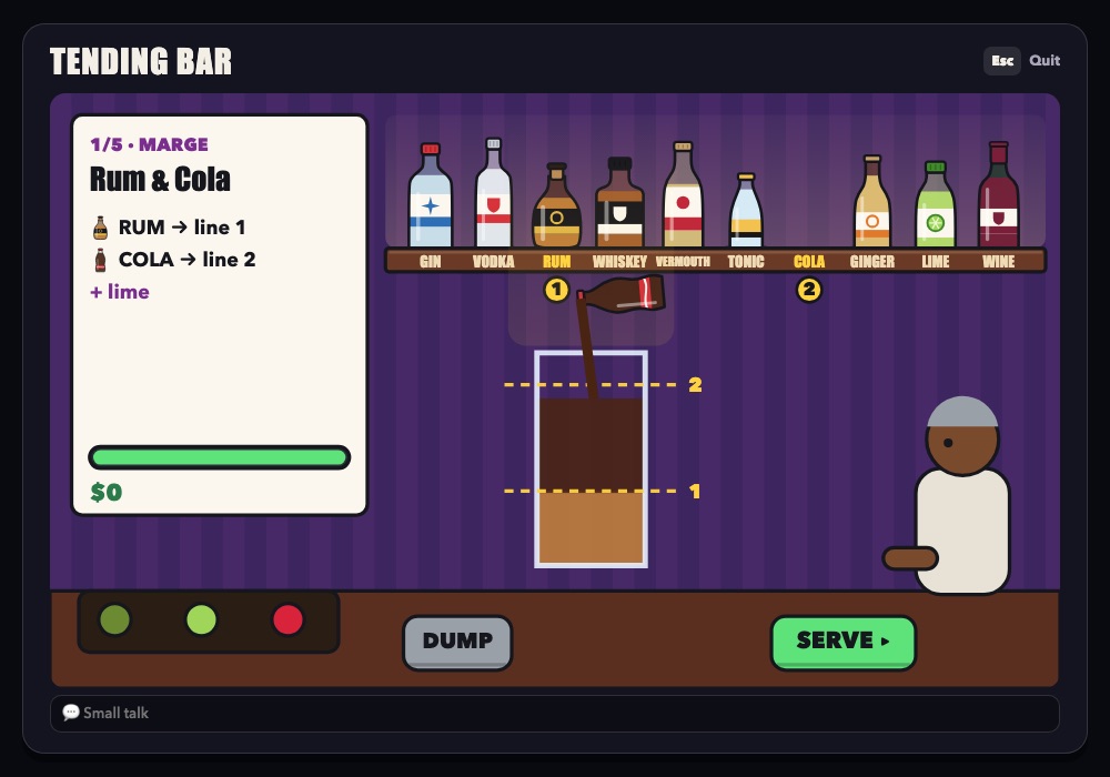 The Tending Bar minigame at the Velvet Room: an order card for a Rum & Cola, a shelf of ten bottles, and a highball glass filling towards two dashed pour lines
