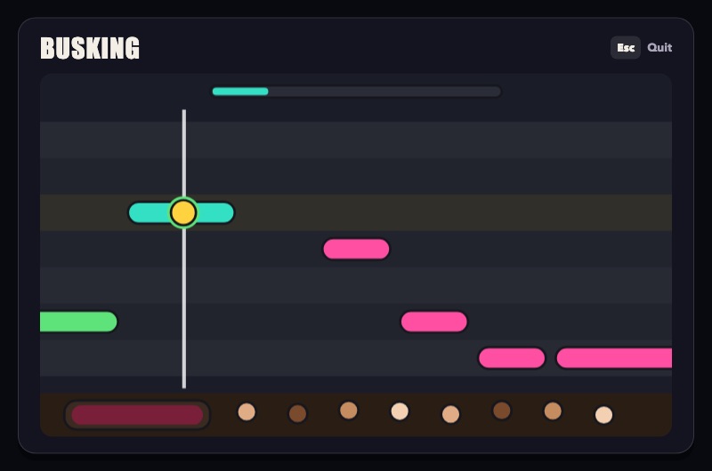 The busking minigame: a melody scrolling across seven lanes while a row of listeners waits below