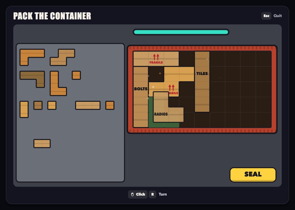 The crate-packing minigame for Grove Freight: wooden crates labelled BOLTS, TILES, RADIOS and FRAGILE being fitted into a container grid