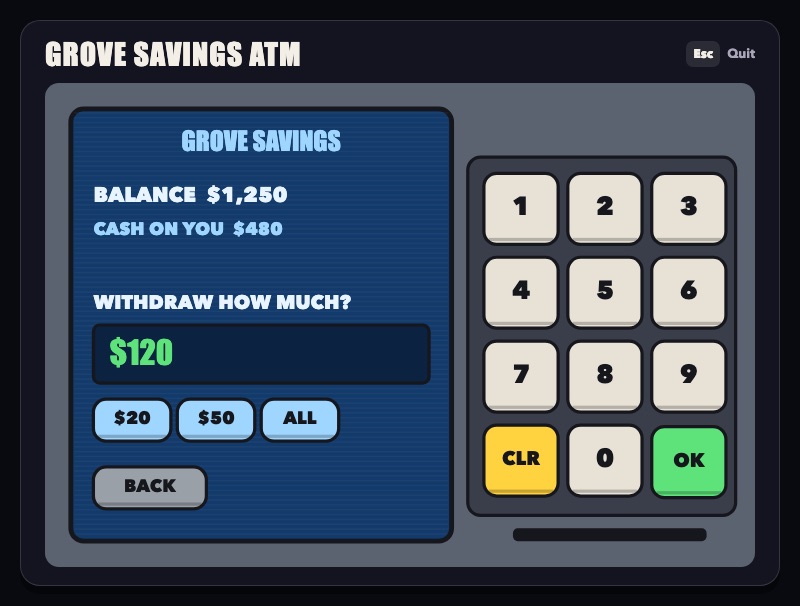 The Grove Savings ATM showing a bank balance, the cash on you, a withdraw field and a keypad