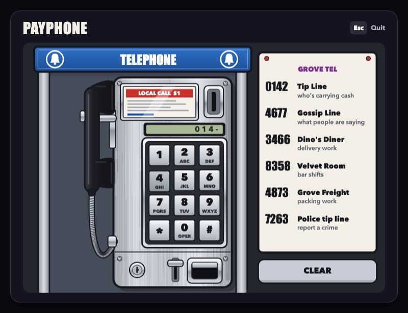 The payphone minigame: a keypad and a card listing the Tip Line 0142, Gossip Line 4677, Dino's Diner 3466, Velvet Room 8358, Grove Freight 4873 and the Police tip line 7263
