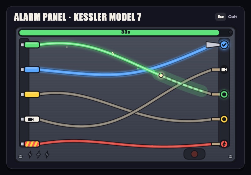 The alarm-panel minigame on a Kessler Model 7: green, blue and yellow live wires, a video wire and a striped red tamper wire tangled between two rows of clips