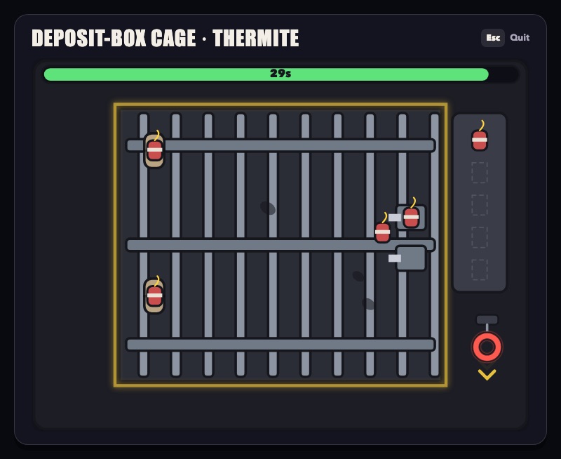 The thermite minigame: a barred cage door with charges placed on its hinges and bolt housings, and spare charges in a tray