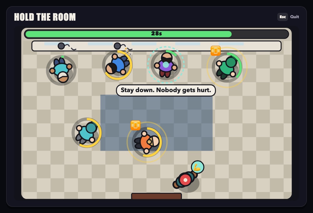 The Hold the Room minigame: hostages on a tiled bank floor with rising nerve rings and phone icons, and a robber calming one of them