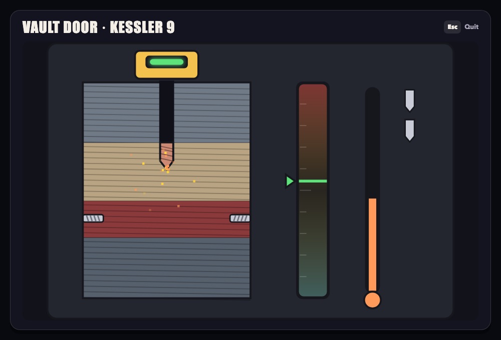 The vault-drill minigame on a Kessler 9 door: a bit cutting through coloured steel layers, a pressure gauge with its sweet spot marked, a heat thermometer and two spare bits