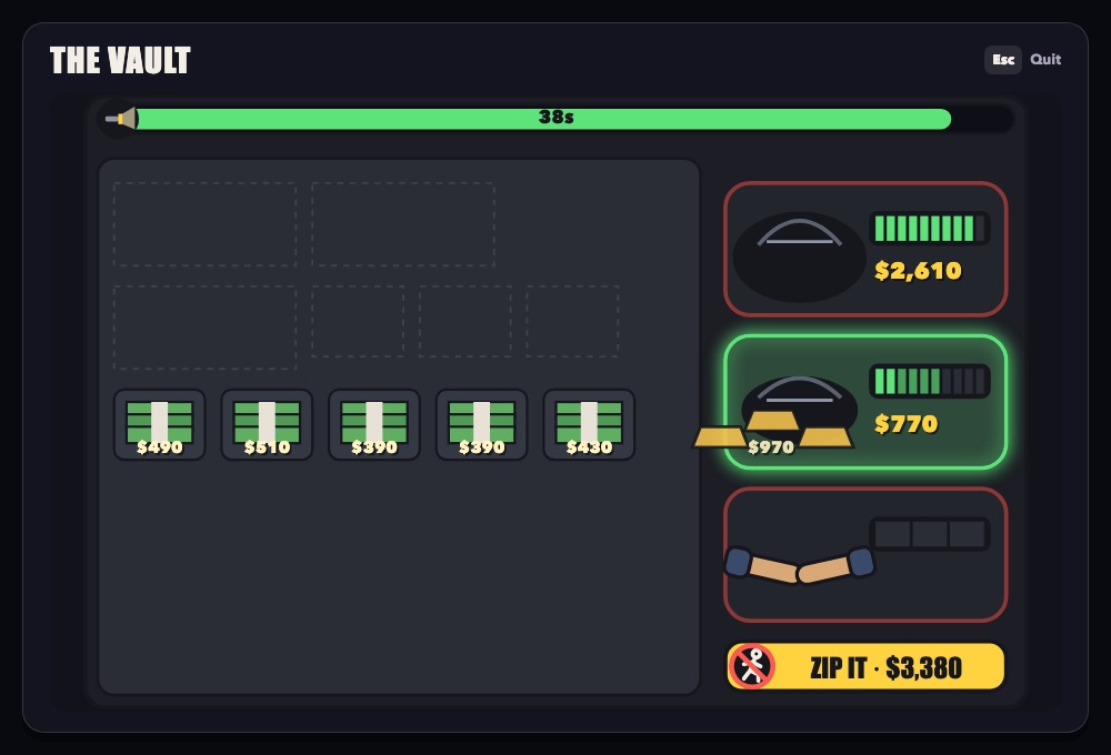 The loot minigame inside the vault: cash bundles on the shelf, two duffels filling up with gold and cash, an empty armful slot and a ZIP IT button
