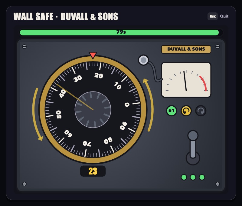 The wall-safe minigame on a Duvall & Sons safe: a 0–99 dial, a tumbler meter, a pull handle and three pull lights